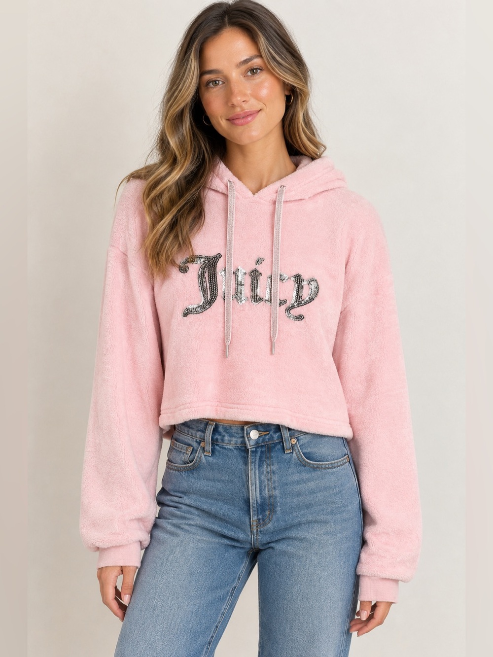 Juicy Couture Light Pink Plush Cropped Hoodie Size Small Sleepwear Sequins Chic